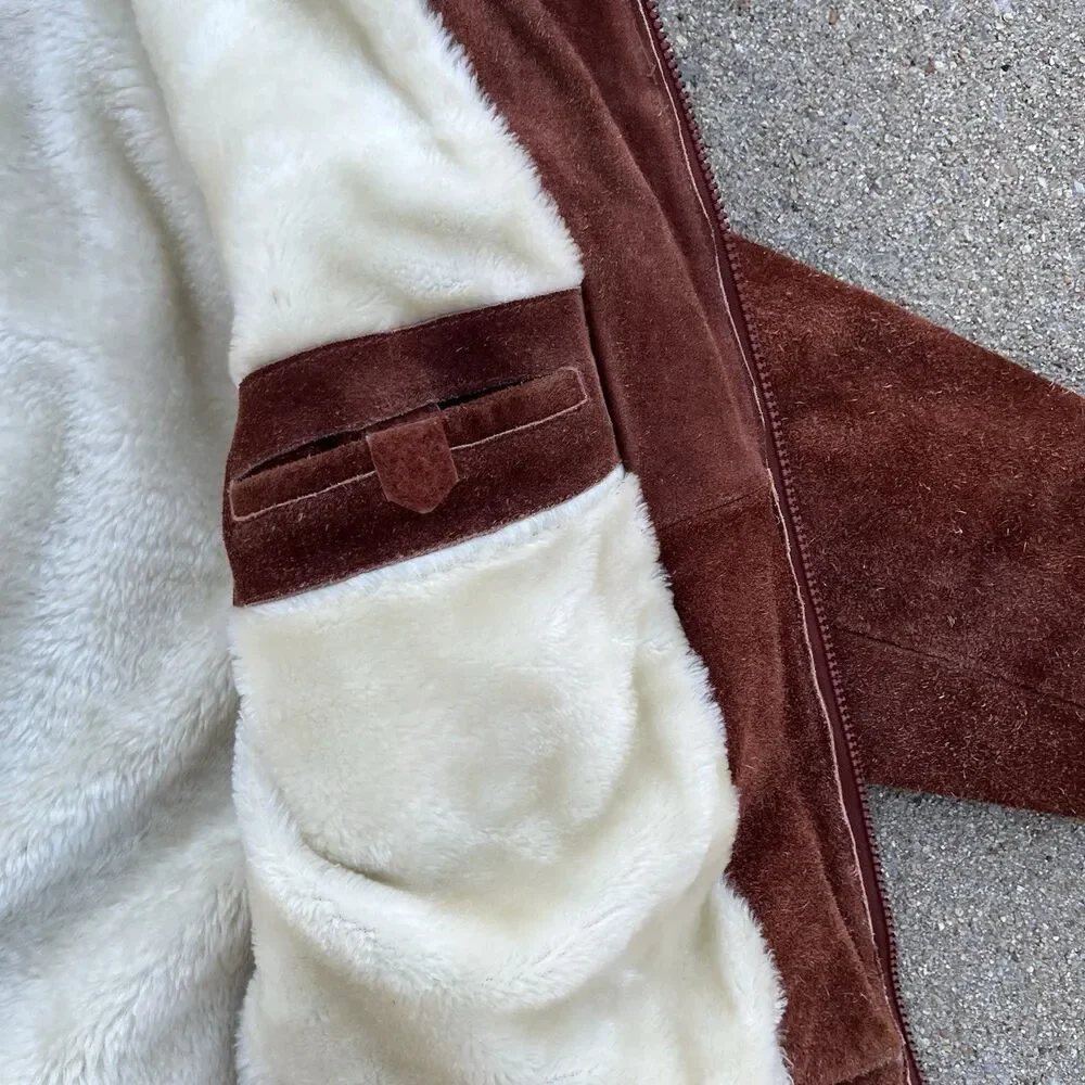 Vintage Grande-Bay Brown Suede Leather Fur Lined Zip Up Jacket Size 40 Medium